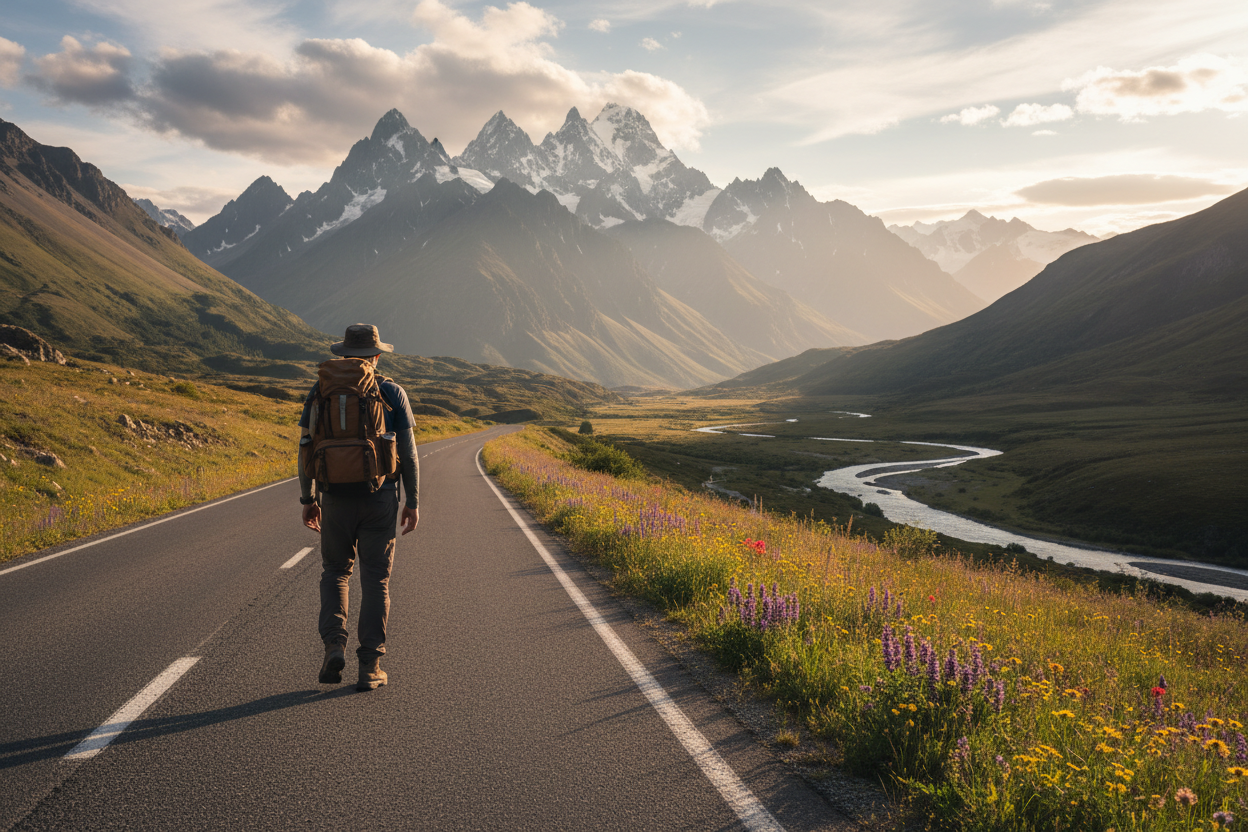 Man with backpack walking towards mountains